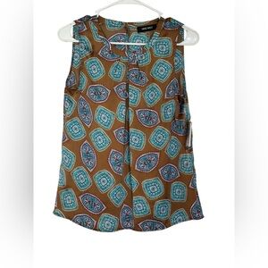 Nine West Sleeveless Geometric Blouse • NWT • XS • Brown Teal Purple • Work Top
